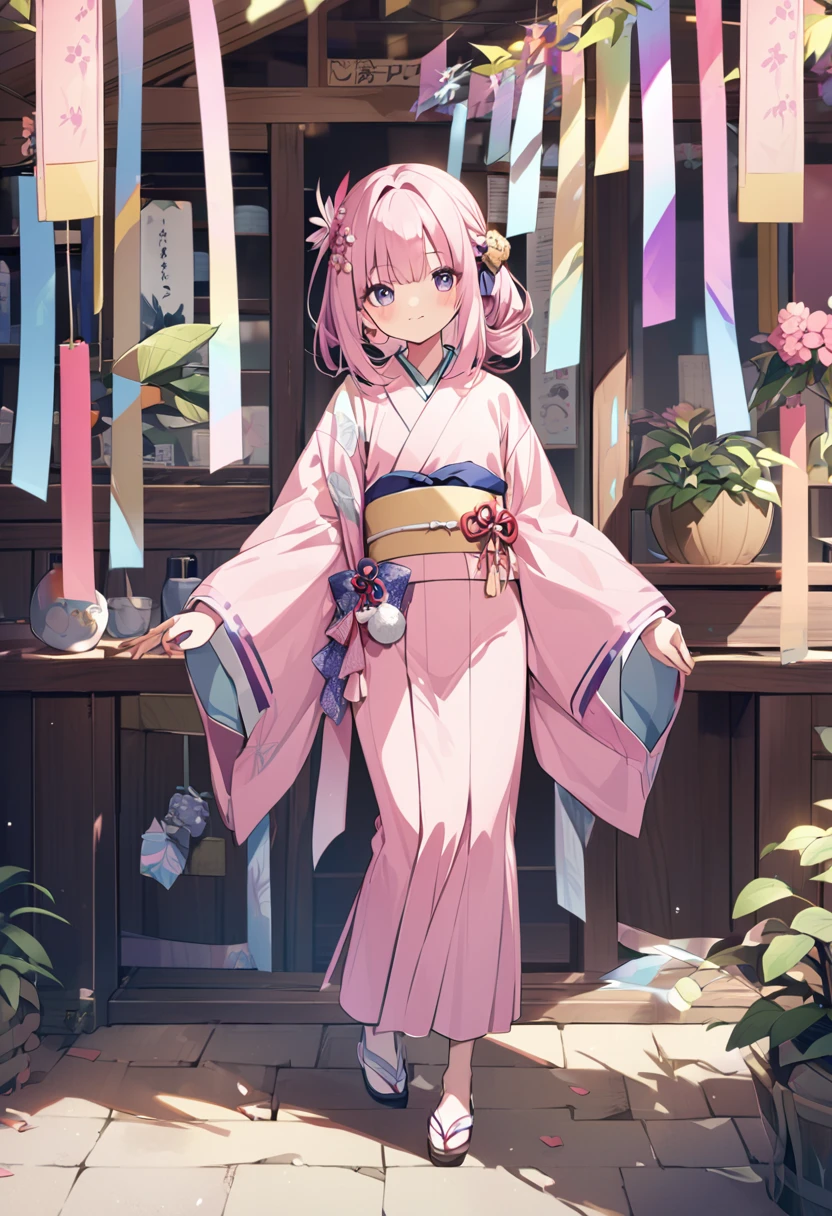 Orihime of Tanabata、Pink kimono full body、Cute