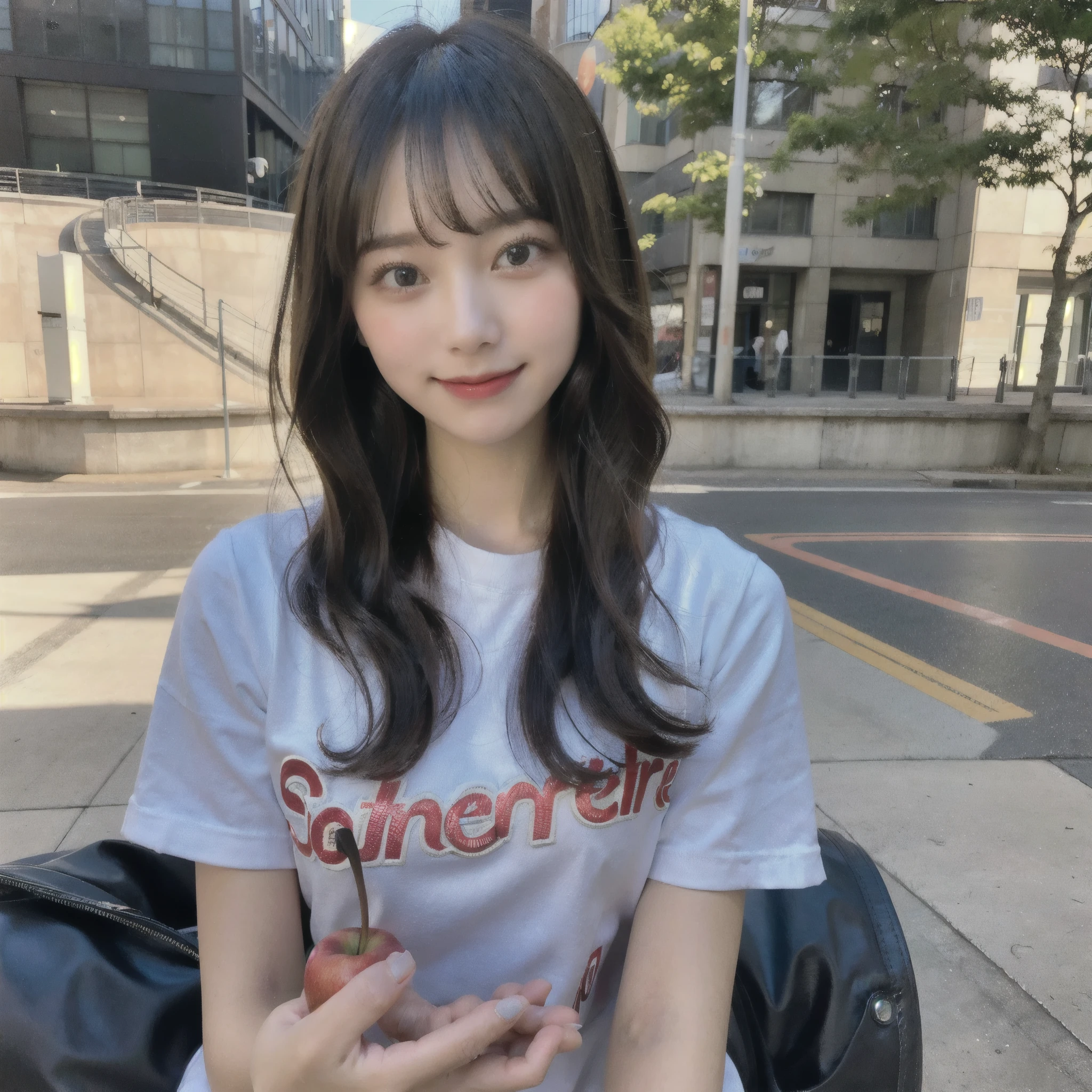 Portray a person with a cute hairstyle, sporting a sweet smile, while enjoying a candy apple, all depicted in the style of Japanese photography with hyper-realistic portraits. Dress the individual as a cheerleader and incorporate instruments typically used in an orchestra. Utilize a local cityscape as the background and experiment with shades and out-of-focus elements using an instant camera