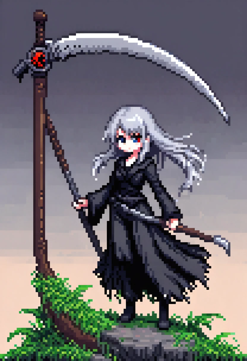 Pixel art, One Girl,He has a scythe like the Grim Reaper has.、Silver Hair、front、whole body、 Fantasy, (Highest quality, masterpiece, Representative works, Official Art, Professional, Attention to detail, Super intricate details:1.3)
