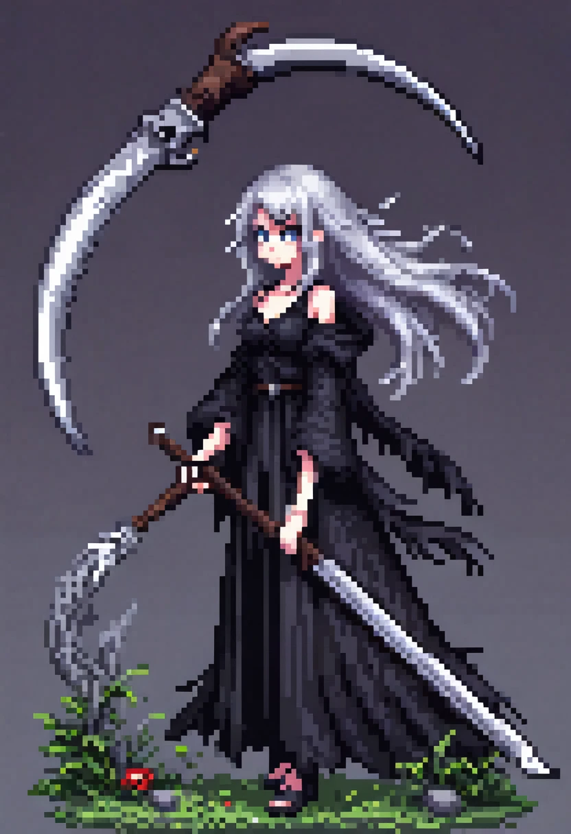 Pixel art, One Girl,He has a scythe like the Grim Reaper has.、Silver Hair、front、whole body、 Fantasy, (Highest quality, masterpiece, Representative works, Official Art, Professional, Attention to detail, Super intricate details:1.3)