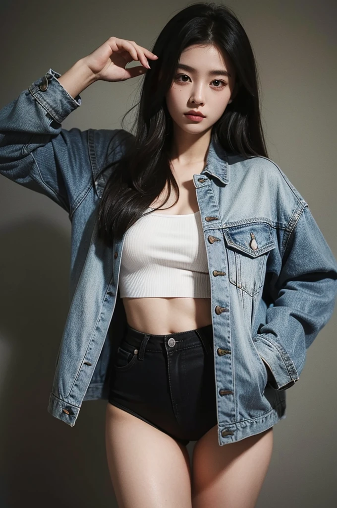 Photography of 20-year-old women, Perfect face, masterpiece, OK, underwear, Black_OK, jacket, Black_