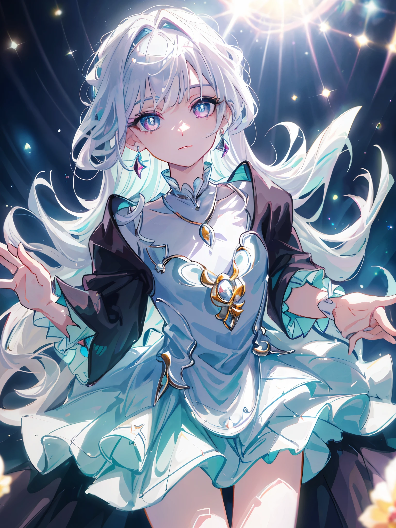 masterpiece, highest quality, figure, alexandrite eyes and hair, platinum earrings, Platinum Necklace, white dress, The Little Mermaid, cute, (dynamic lighting:1.2), cinematic lighting, delicate features, fine eyes, sharp pupils, realistic student, Depth of bounds written, Bokeh, sharp focus, (very detailed, bloom, shine:1.4), Many Small Gems, hot girl