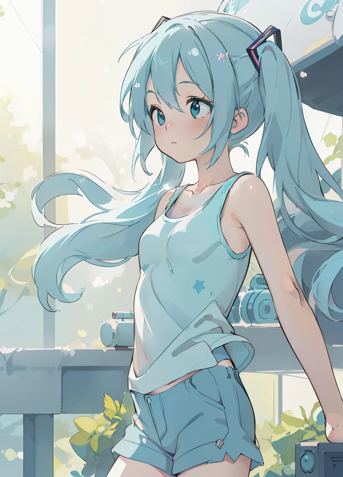 (masterpiece、Highest quality、Highest quality、Official Art、Beautiful and beautiful:1.2)、(One girl:1.3)Hatsune Miku、Twin tails,Beautiful breasts,One girl, (alone:1.2), ((masterpiece)), slim, , Pale skin, ((Fine grain)), (Bokeh effect), (Bare shoulders), Underarm, Light blue hair, Long Hair, (Tank top:1.3), Shorts