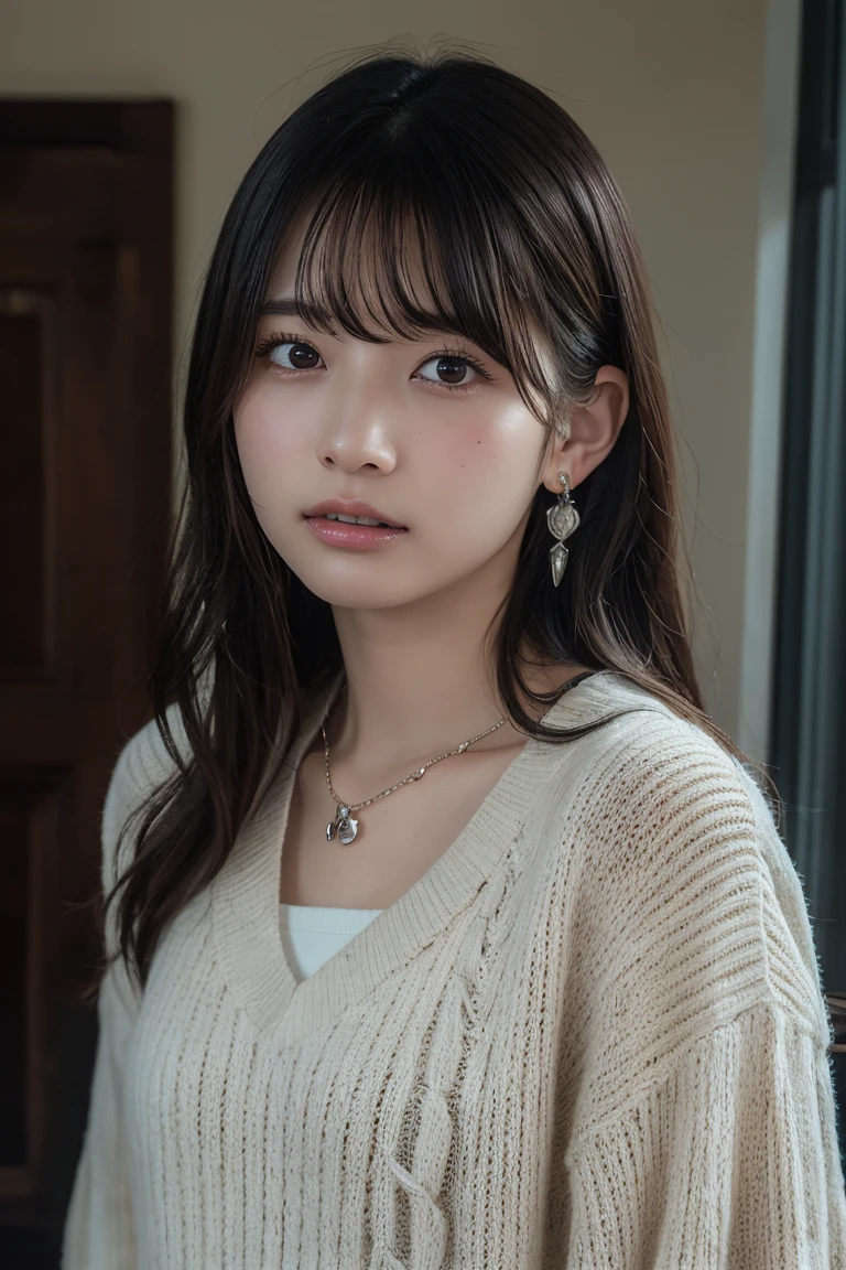 (Highest quality:1.4),(masterpiece:1.4),(Realistic:1.4),(Realistic:1.2),(超High resolution, RAW Photos:1.4),(High resolution, Super detailed:1.2),(8K:1.2),View your audience,Cinematography,One Girl,skeletally correct,Black-haired woman,(Small earrings,necklace,Summer knitwear,View from the front),(Inside the Western-style building,Dimly lit room,The lamplight shines on my cheeks)