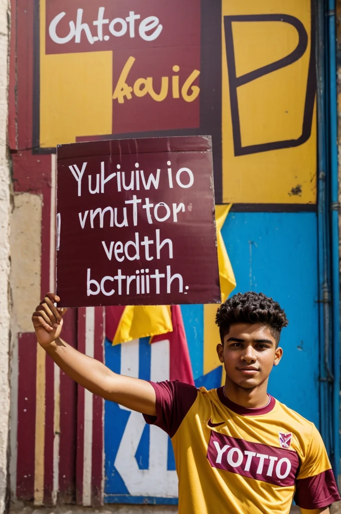 Young man with a vinotinto shirt holding a large sign that says " youth in action" looks close. Many people follow him, It is located in a colorful and happy city ,