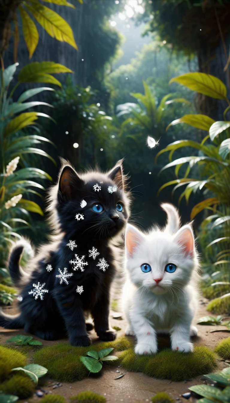 The two kittens Snowflakes ( the fluffy white kitten with blue eyes) and Midnight (the sleek black kitten with piercing yellow eyes ) stand side by side, mimicking the rhythmic series of mews. Midnight’s and Snowflake’s mouths are open in unison, producing the familiar call. The jungle around them seems to listen.