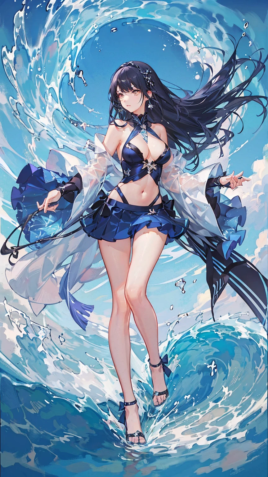 Hanfu(swimming suit），full body portrait，light wing earrings，long black hair，Blue hair ends are dyed，Center parted bangs，High heel，There are gorgeous wave patterns on the clothes，Navel exposed，Gorgeous water splash skirt，Intricate costume details