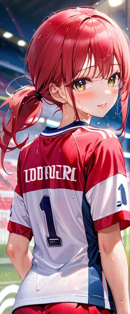 (masterpiece,highest quality,超A high resolution),japanese woman, (((very beautiful 12 year old girl))), pretty girl、look at the photographer、 ((beautiful low ponytail)), super cute face, glossy lips, double eyelids in both eyes,natural smile、 natural makeup, long eyelashes, Shiny and smooth hair、center image, perfect limbs, perfect anatomy,(((soccer uniform)))、(((turn around and look back)),(wet with sweat),,