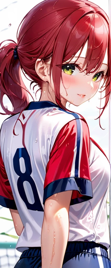 (masterpiece,highest quality,超A high resolution),japanese woman, (((very beautiful 12 year old girl))), pretty girl、look at the photographer､  ((beautiful low ponytail)), super cute face, glossy lips, double eyelids in both eyes,natural smile、 natural makeup, long eyelashes, Shiny and smooth hair､center image,  perfect limbs, perfect anatomy,(((soccer uniform)))、(((turn around and look back)),(wet with sweat),,