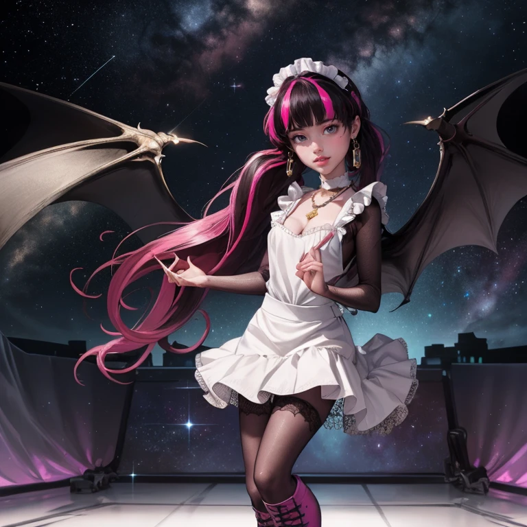 1 girl, a girl with bat wings on her back, perfectly hands, perfectly body, bat choker, necklace, centered, bat jewelry, award winning upper body portrait, cowboy shot, looking at viewer, Draculaura_MH, solo, black half hair, pink half hair, multicolored hair, long hair, pink knee boots, smile, vampire fangs, bat wings, bat jewelry, jewelry, Draculaura_(monster high), Monster High, ornament hair, long hair, 1 girl, Looking at the audience, flowing hair, Beautiful Eyes, Plump and glossy lips, dress with too many frills, black dress, gold laces, black Short skirt, Drape clothes, pink gem, Lace trim, luxury gold details, gold jewelry, more details, best quality, Big sparkling eyes, blushing, Striped Lace Stockings, black ****ta skirt, sparkle, solo, centered girl, cowboy shot, perfectly body, , solo, alone, Looking at the viewer, More details on the clothes, magenta roses on her hair, space scenery, maid, maid dress, magenta details, magenta roses, maid headdress, maid apron, purple hair, long hair, seat on the Saturn rings, bats details on her clothes, more details on her clothes, gold details on her clothes, space, smiling, standing her hand to a viewer, looking at the viewer, in the background a several asteroids glowing with fiery auras, Dramatic lighting from distant stars and planets illuminates the scene, looking at the vast and mysterious universe, perfectly hands, two arms, two legs, two hands, five fingers, perfect anatomy, glowing hair, pink roses, 1girl, dress, solo, flowing hair, floating hair, ornament hair, perfectly body, perfectly hands, on the stage, sparkles, ((4k, masterpiece, top-quality)), 8k, best quality, high resolution, UHD, (illustration:0.8), super cute girl, delicate and beautiful face, mature girl, super cute hairstyle, (beautiful detailed eyes:1.6), extremely detailed face, perfect lighting, extremely detailed CG, (perfect hands, perfect anatomy), Best quality, cleavage, small skirt, full Body, two arms, two legs, two hands, five fingers