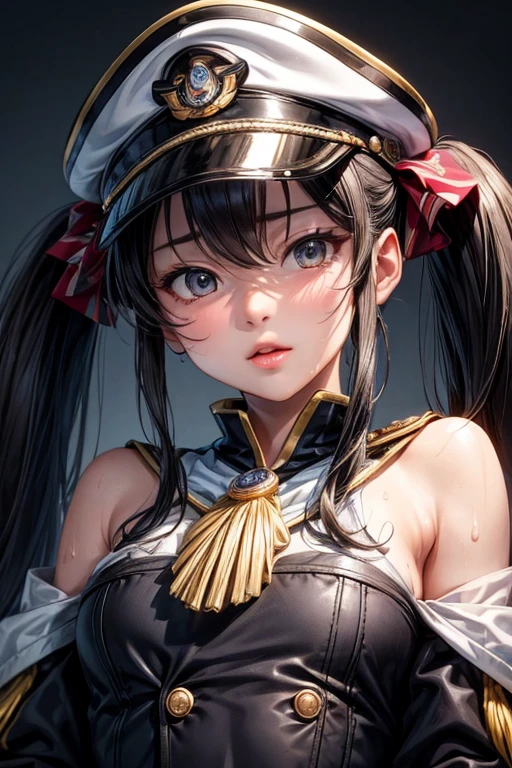 masterpiece、Photorealistic、、Naval officer、uniform、hat、Medals、Focus on the chest 、Shadow on face、Sweat、Shiny skin、Black Hair、Twin tails、Wet lips、Estrus、Covering breasts