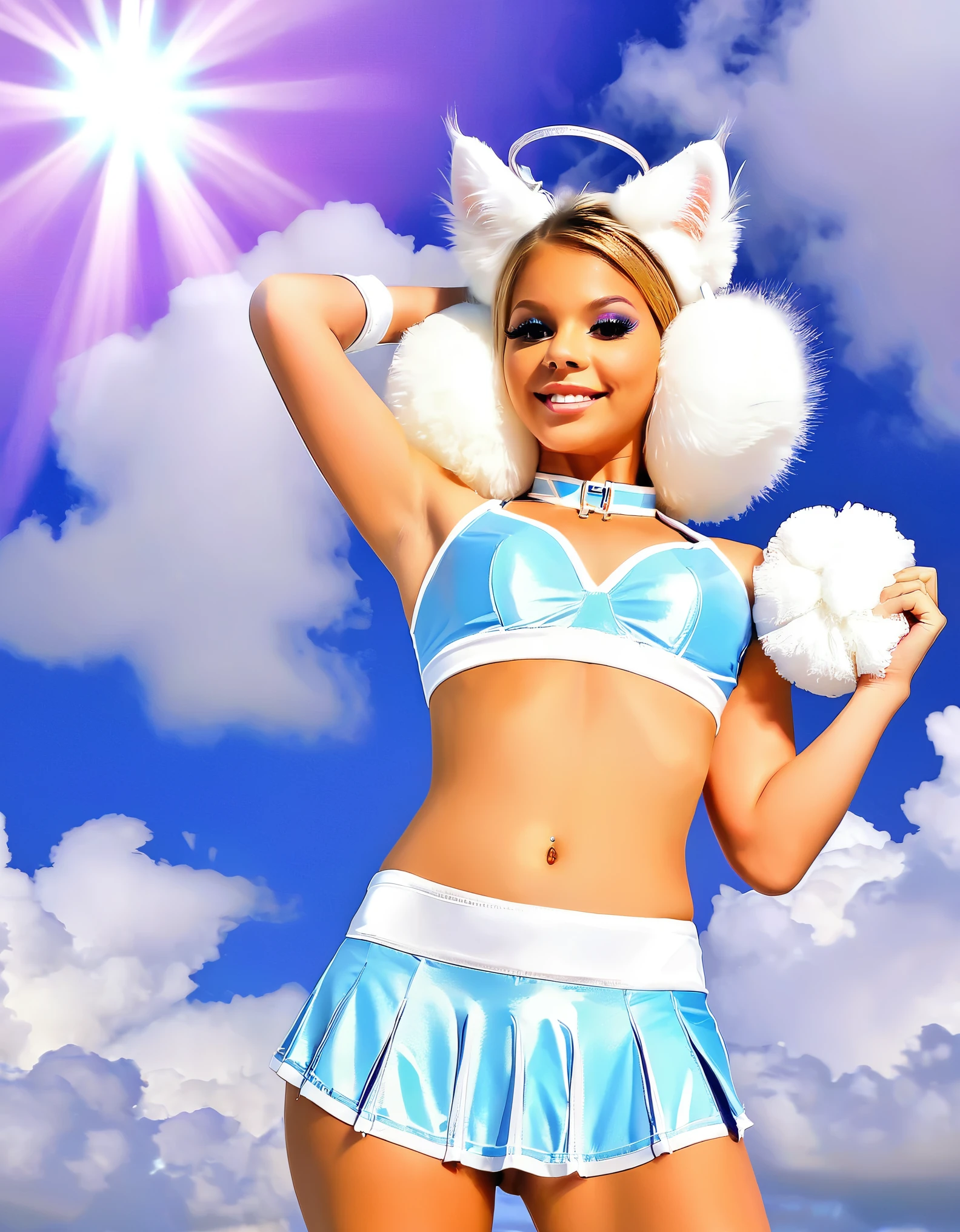 An angelic cheerleader with halo, feathered cat ears, and fluffy, cloud-like pom-poms, in a heavenly sky.