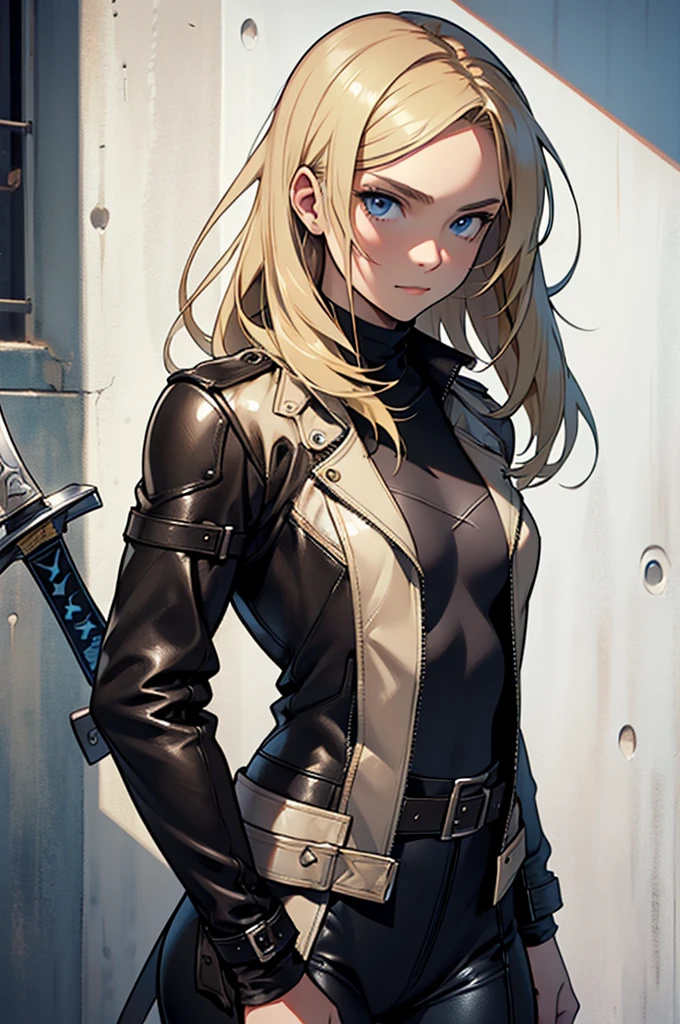 A slightly small young woman with straight blonde hair, very beautiful and with a leather suit that covers her entire body and a sword on her back.
always with a friendly face