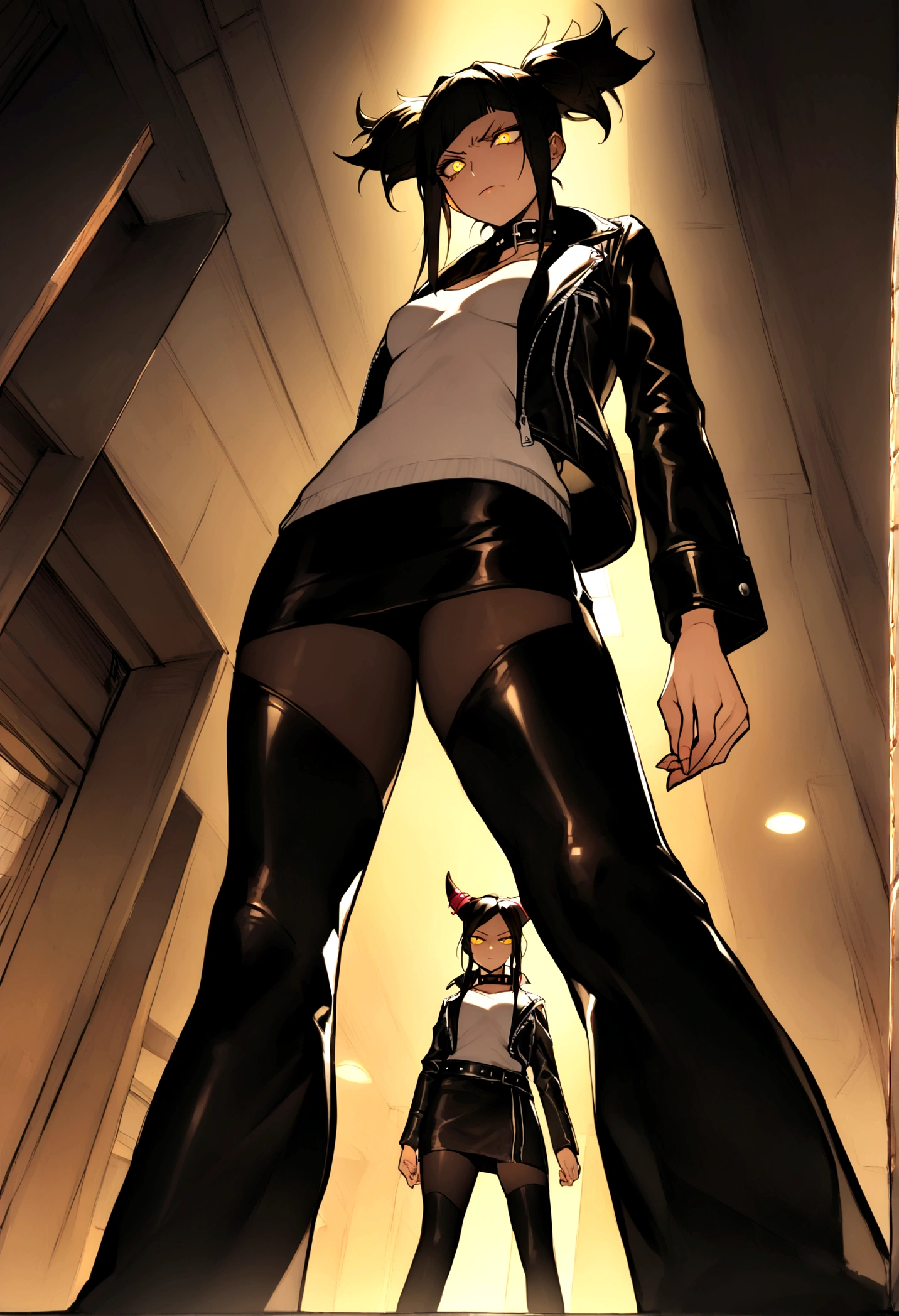 seen from below,juri han,beautiful young warrior , with a very detailed and beautiful face, beautifuleyes, beautifuleyes, gorgeous face, beautiful young woman wearing long black leggings with black details, short mini skirt, usando leather jacket preta, Standing in an office, wearing black boots, horn hair, with black fringe, , evil smile ,white sweater with collar, tape around me, serious look,usando leather jacket preto, leather jacket,looking to the down,yellow lighting,legging