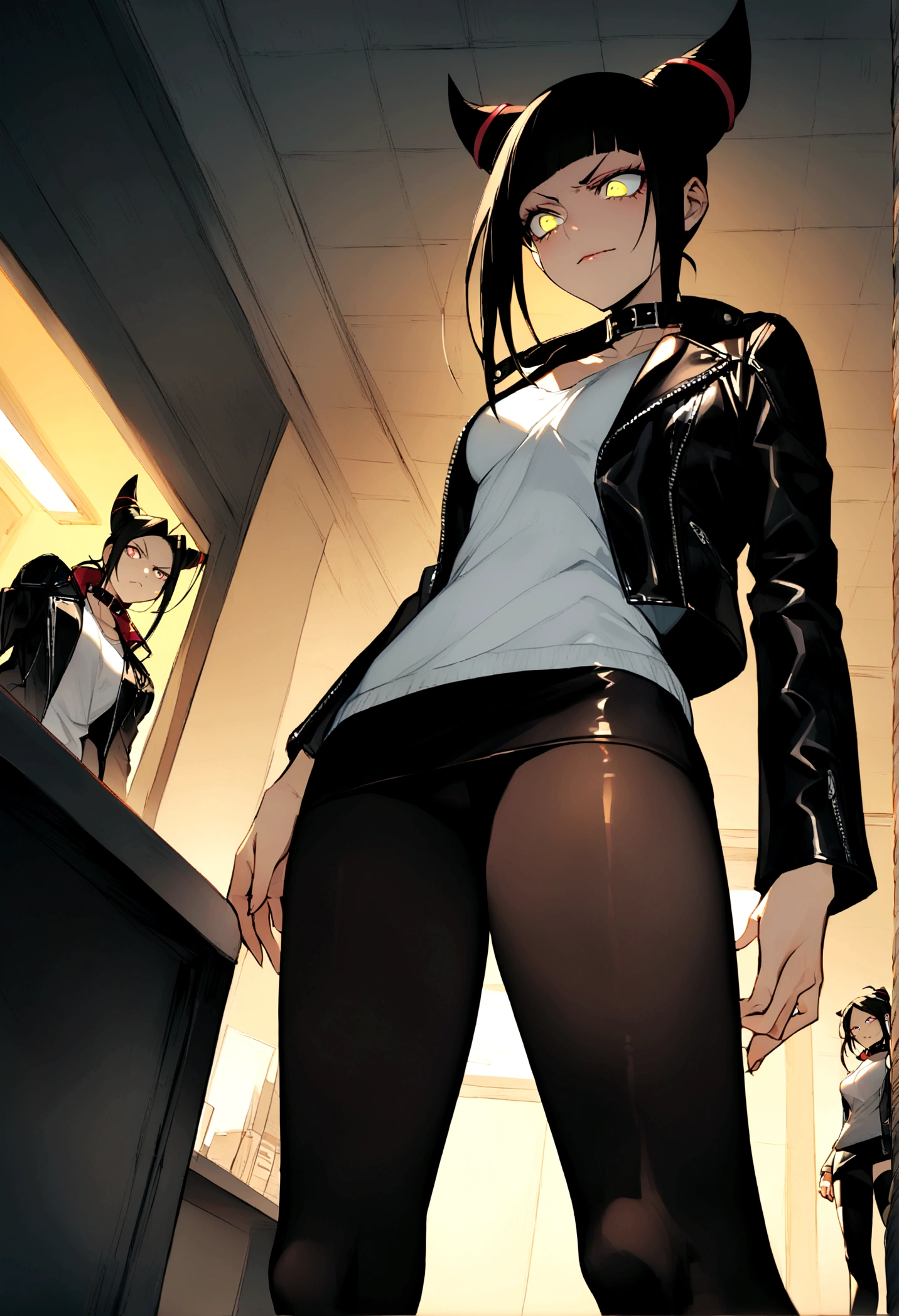 seen from below,juri han,beautiful young warrior , with a very detailed and beautiful face, beautifuleyes, beautifuleyes, gorgeous face, beautiful young woman wearing long black leggings with black details, short mini skirt, usando leather jacket preta, Standing in an office, wearing black boots, horn hair, with black fringe, , evil smile ,white sweater with collar, tape around me, serious look,usando leather jacket preto, leather jacket,looking to the down,yellow lighting,legging