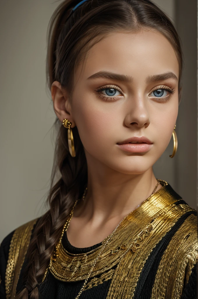 A portrait, 8k uhd, high quality artbreeder art.
Beautiful girl 13 yo model. Dasha Taran, big eyes, ponytail black, gold earrings 