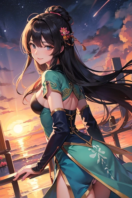 best qualityer, Cao Cao_resolution, distinct_imageio, detailed back ground ,Kizi, random wear,flowers, night sky,dutch angle, wide plan,shy smile, medium breasts,curves,  