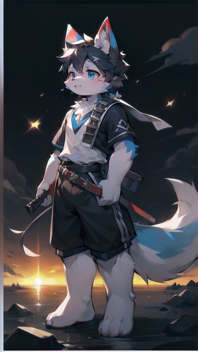 White Wolf,black hair,Sky blue eyes,hairy,Wolf ears,Wolf tail,Full body portrait,The character is in the center of the frame,Handsome,Confident eyes,male,juvenile,Black and white combat uniform,Red neck bib,Black shorts,Short sleeve,hairy arms and legs,Dark background,Dark battlefield,dawn,sunrise,dawn,illumination,shadow,Swordsman,Scabbard and sword,Hold the hilt of a sword in your hand,The scabbard is at the waist,Highest quality