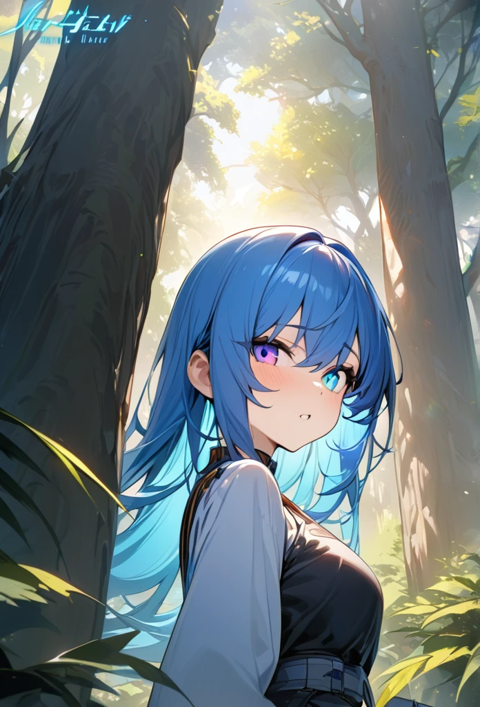 "((highest quality)), ((masterpiece, best quality:1.2)), character with heterochromia, blue and light blue eye, blue hair with yellow highlights, tree in the center of the image, title &#39;Equestria Girls: The Legacy Volume 1&#39;, anime styling, manga cover."