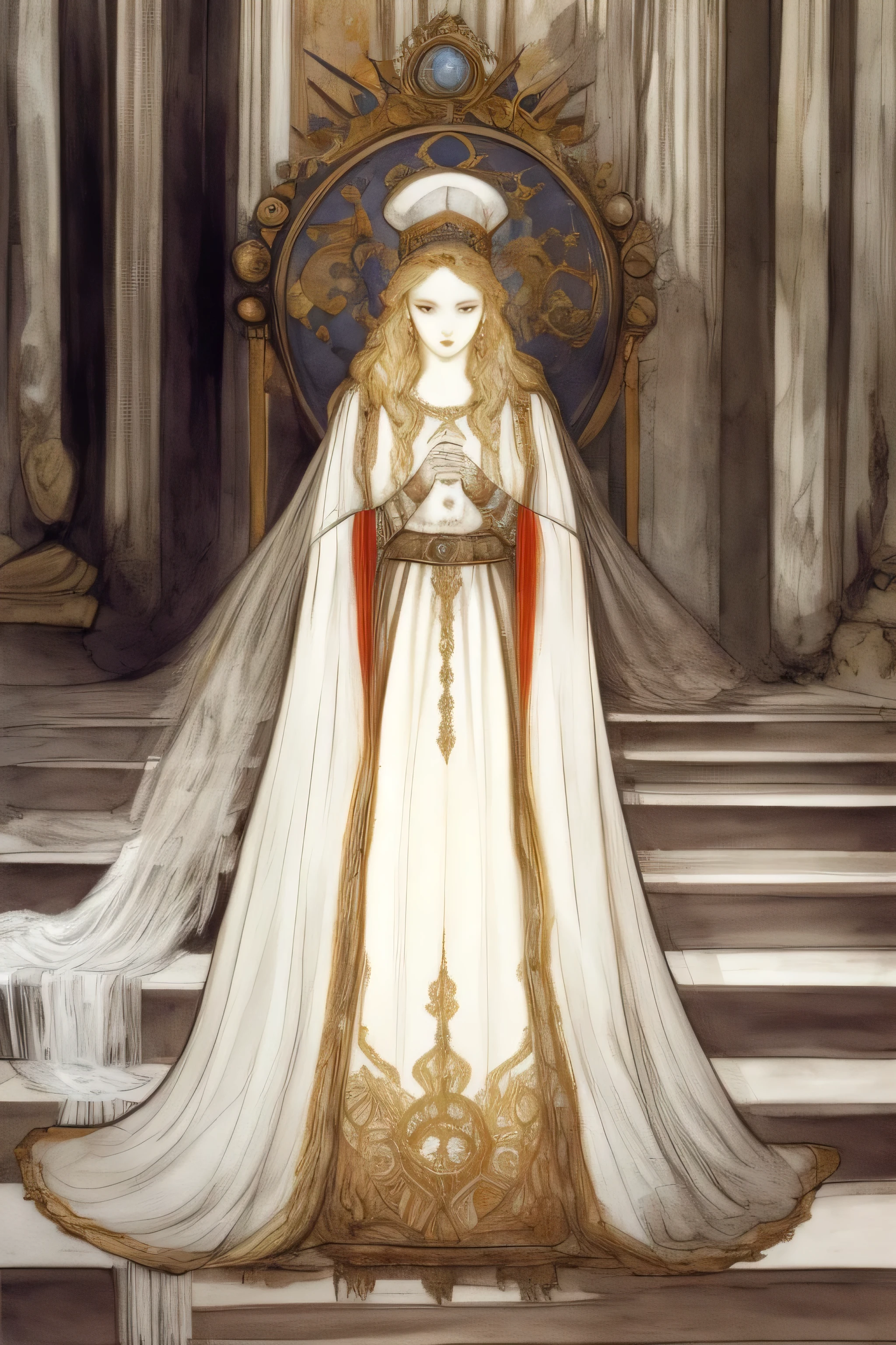 1 woman, 30 years old, solo focus, masterpiece, depth of field, highly detailed face and body, tall and slender, beautiful face, prettiest face, perfect face, tranquil expression, staring straight ahead, long and straight blonde hair, (white gown:1.4), elaborate diamond jewelry, (white pill box hat:1.4), (throne with red cushions behind her:1.2), standing on a dais, (train of gown flows down steps of dais:1.4), wall behind her covered in cogs and gears in copper and gold 