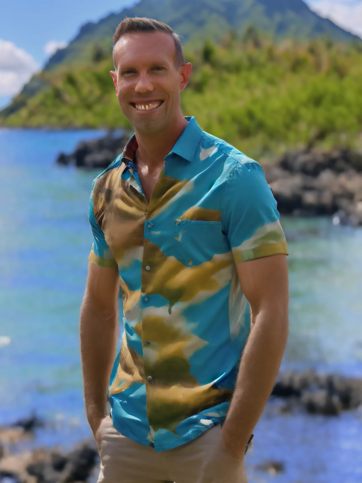 a man, Todder8, Todder1 short hair, perfect skin, RAW, UHD, 8K, looking at camera, on a yacht at sea, vacation photography, island paradise, colorful Hawaiian shirt, photorealistic, dynamic lighting, perfect day, [smiling]