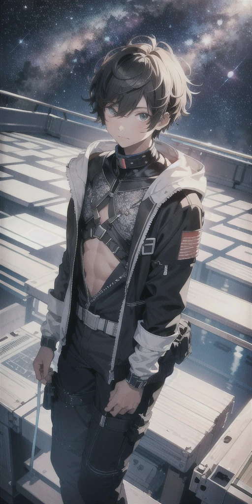 ridiculous resolution, high resolution, (masterpiece:1.4), super detailed, 1boy, seen from above, space, floating, --v 6