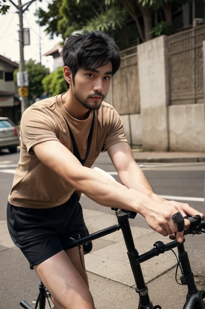 riding a bicycle, whole body, Hairy legs, The legs are muscular and toned., two blocks, Long legs, Japanese man, 27 years old, thin beard, Wear beige shorts, Wear a black T-shirt., very short hair, black hair