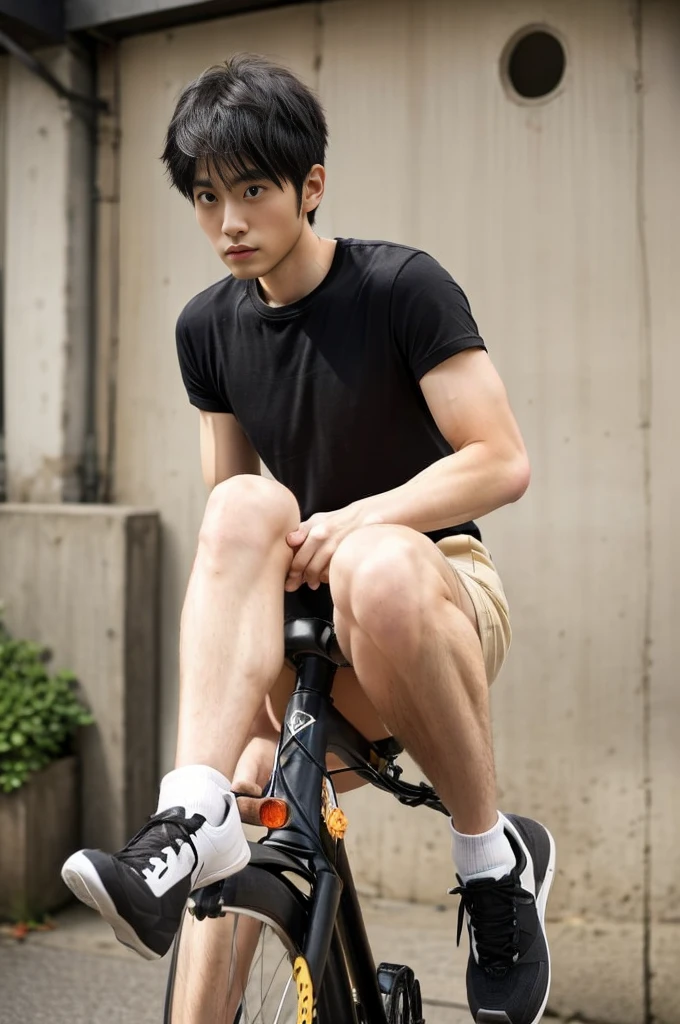 riding a bicycle, whole body, Hairy legs, The legs are muscular and toned., two blocks, Long legs, Japanese man, 27 years old, thin beard, Wear beige shorts, Wear a black T-shirt., very short hair, black hair