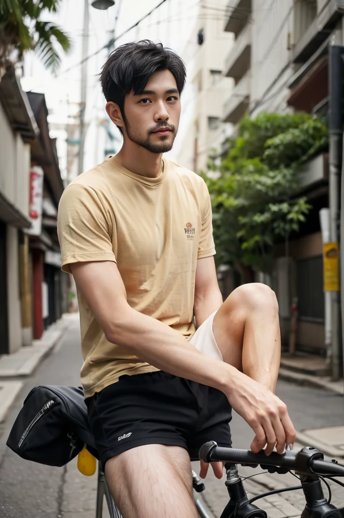 riding a bicycle, whole body, Hairy legs, The legs are muscular and toned., two blocks, Long legs, Japanese man, 27 years old, thin beard, Wear beige shorts, Wear a black T-shirt., very short hair, black hair