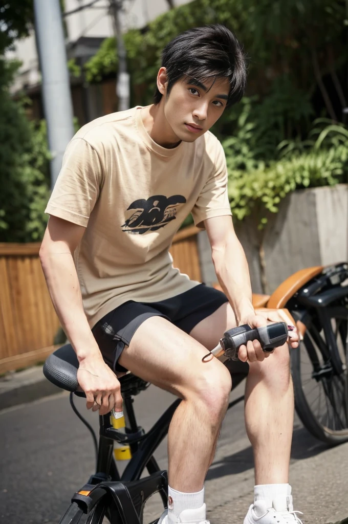 riding a bicycle, whole body, Hairy legs, The legs are muscular and toned., two blocks, Long legs, Japanese man, 27 years old, thin beard, Wear beige shorts, Wear a black T-shirt., very short hair, black hair