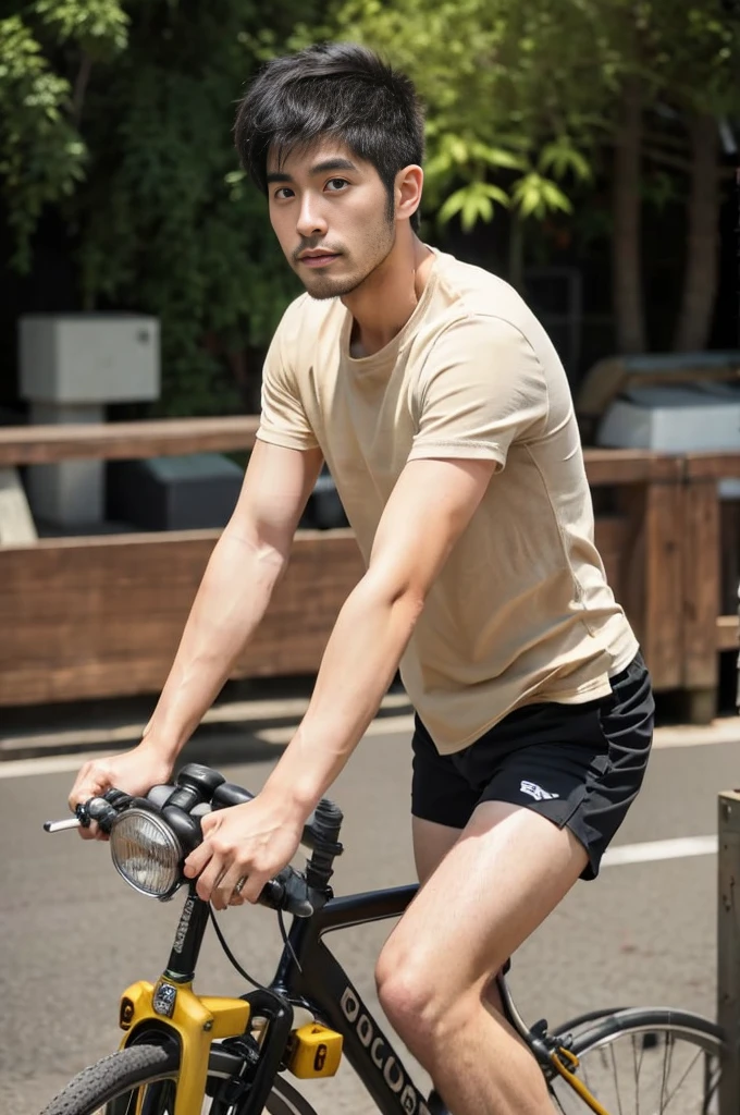 riding a bicycle, whole body, Hairy legs, The legs are muscular and toned., two blocks, Long legs, Japanese man, 27 years old, thin beard, Wear beige shorts, Wear a black T-shirt., very short hair, black hair