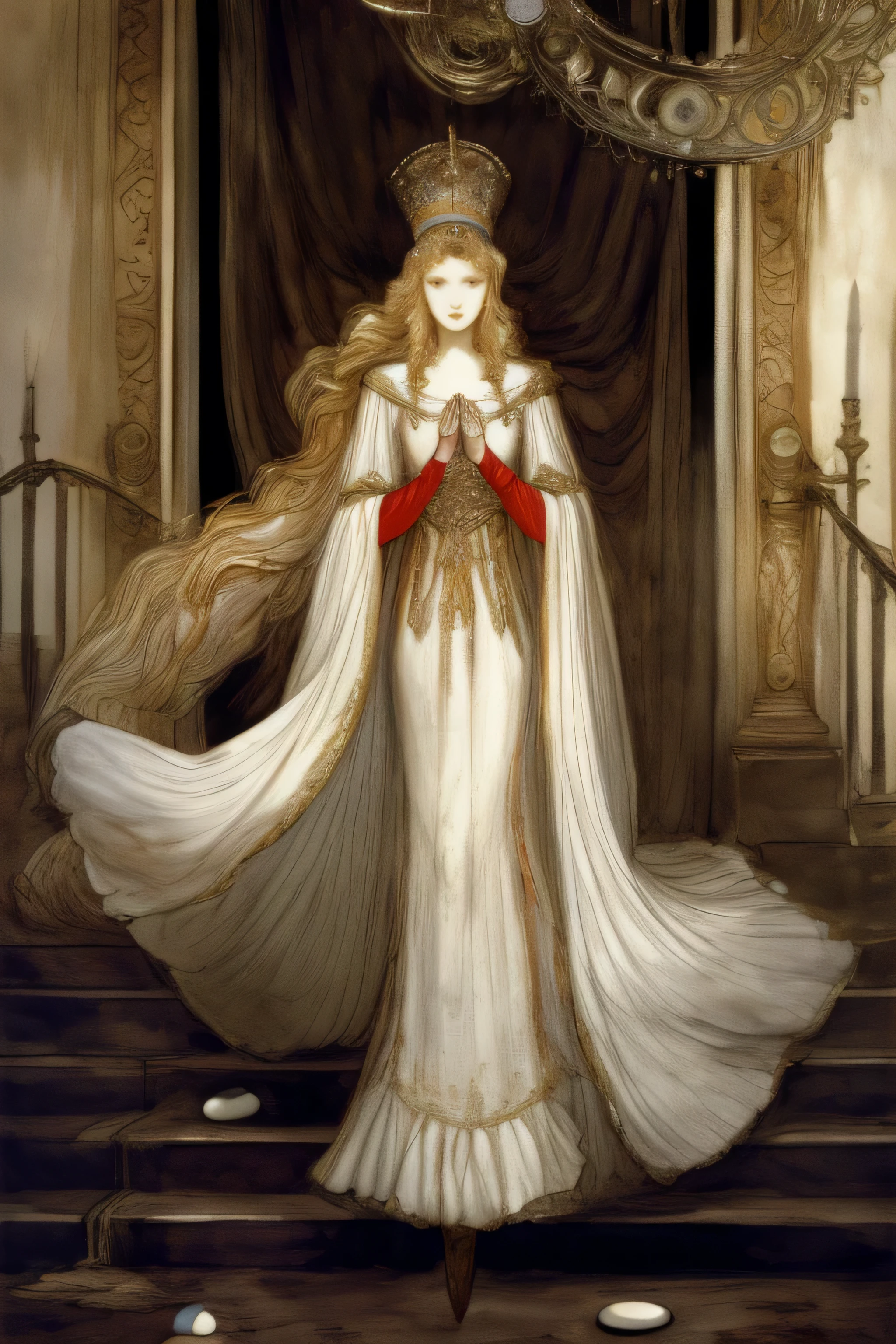 1 woman, 30 years old, solo focus, masterpiece, depth of field, highly detailed face and body, tall and slender, beautiful face, prettiest face, perfect face, tranquil expression, staring straight ahead, long and straight blonde hair, (white gown:1.4), elaborate diamond jewelry, (white pill box hat:1.4), (throne with red cushions behind her:1.2), standing on a dais, (train of gown flows down steps of dais:1.4), wall behind her covered in cogs and gears in copper and gold 