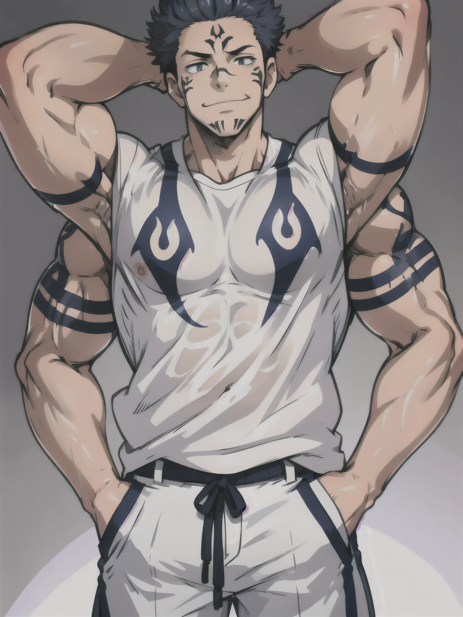 masterpiece, best quality, anatomically correct, solo,1boy, sukuna, white pants, tattoo_on_his_face, tattoo_ryoumen, hands in a pocket, dark blue hair, manly, muscular, mature, muscular male, simple background, (four arms: 1.2), short hair, upper body shot, male focus, eye focus, extra detailed arms, 