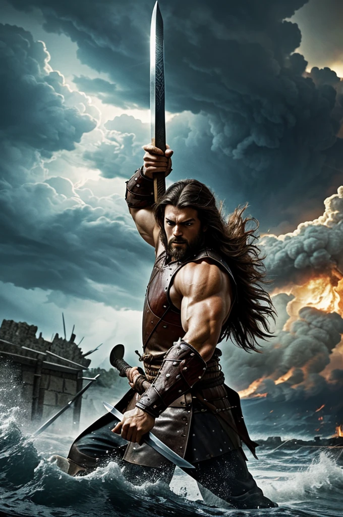Create an illustrative image of a furious medieval period warrior, muscular with long hair, in a fierce battle with storms and fires, raising a sword upwards