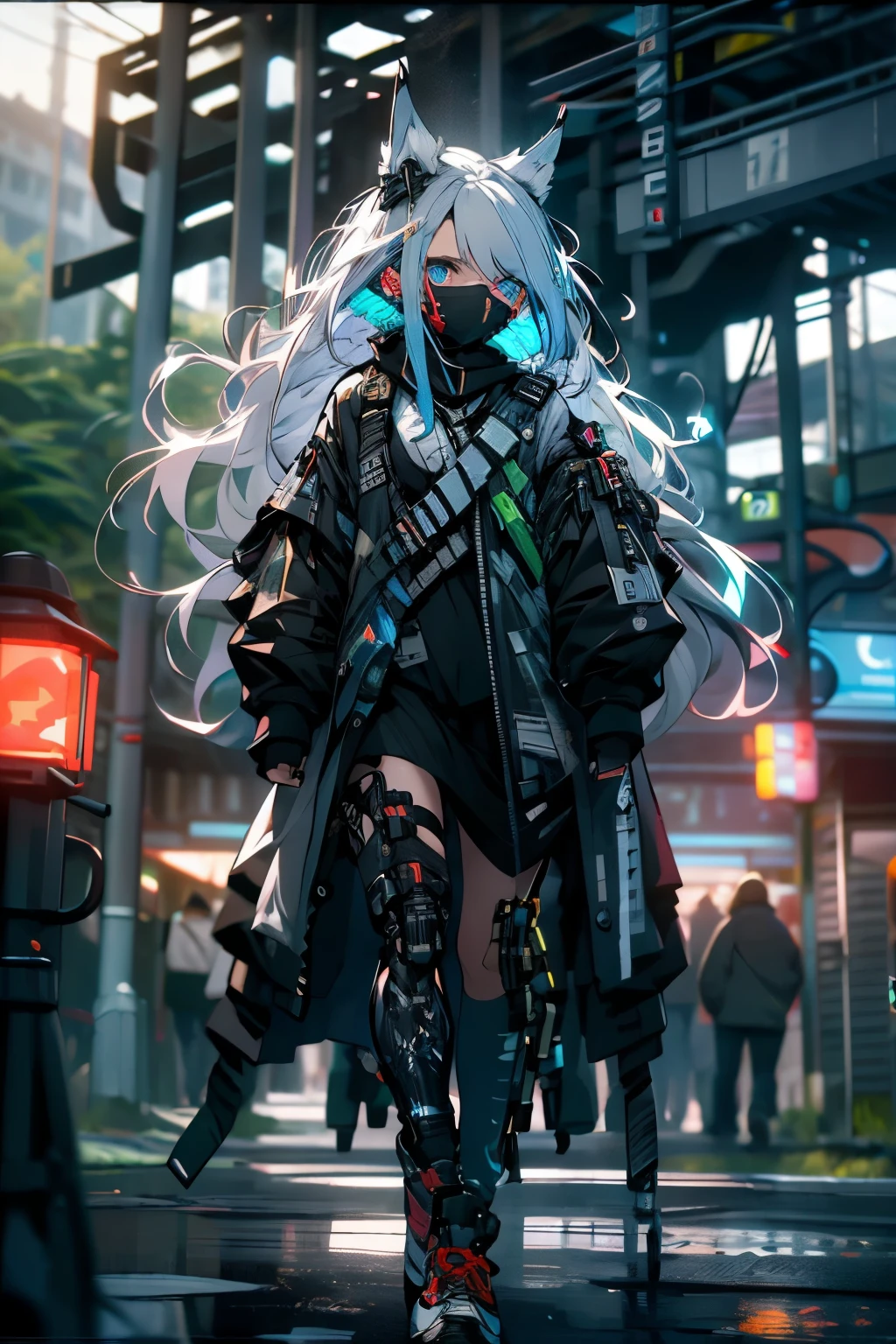 4K，oc，（hacker），(((masterpiece))), ((best quality)), (Super Detail), （Hacker），Standing，walk， Super Future，(beautiful奢华: 1.2)，beautiful，Golden Eyes，Blue Eyes，Gemstone eyes，Mechanical cat ears，High-tech headphones，Heterochromia，Everlasting，White hair, Long hair, Straight Hair, Deep blue eyes, Tech jacket,(((Girl wearing tech mask and tech accessories))), White high-top sneakers,