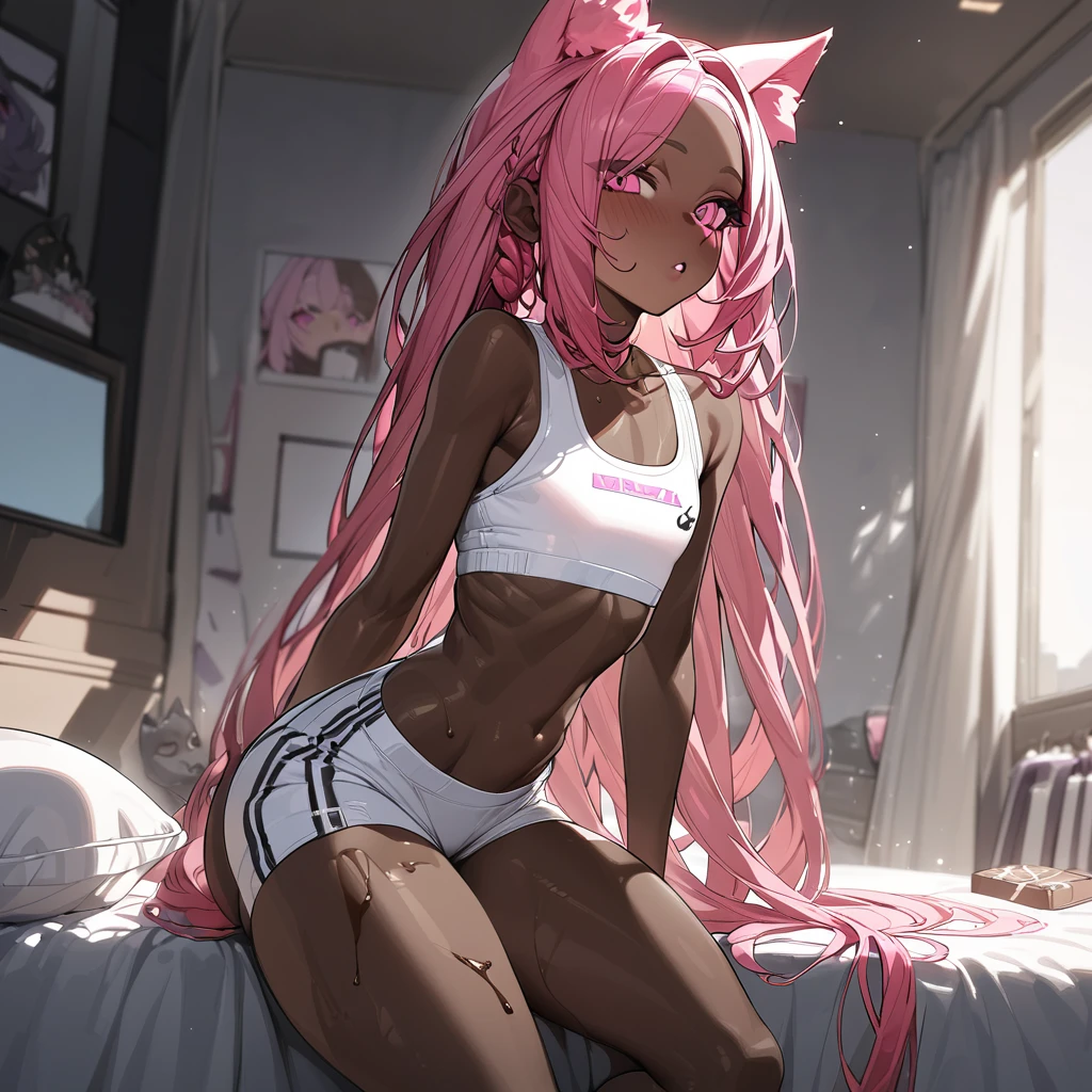 Best quality, highly detailed, ultra detailed, 1 very Dark brown skin boy, chocolate skin, flat chest, male chest, curvy body, long dreadlocks, pink dreadlocks, pink eyes, cat ears, lipgloss, wearing white croptop, biker shorts, booty, bedroom background 
