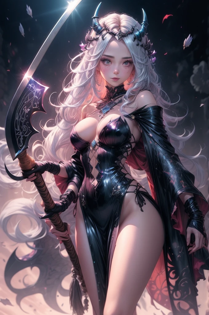 CLOSE UP OF A  woman in a witch costume holding a large axe, nude, big , fashionable dark witch, dark witch character, astral witch clothes, fantasy art style, dark witch, anime fantasy illustration, beautiful ancient frost witch, beautiful celestial mage, anime fantasy artwork, a beautiful sorceress, from arknights, bright witch, beautiful wizard, /!\ the sorceress, by Yang J