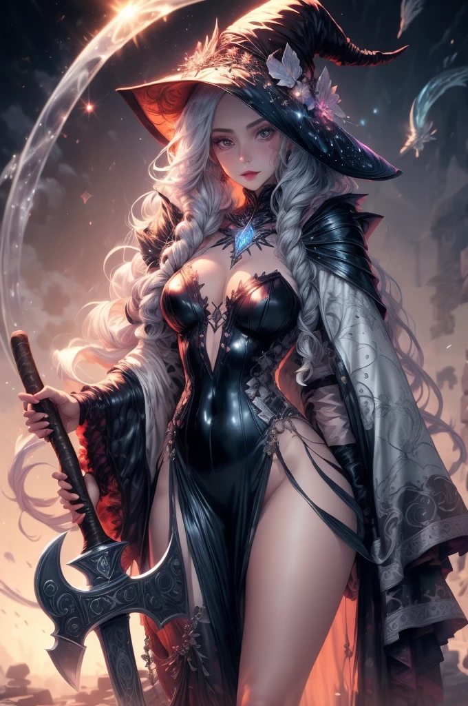 CLOSE UP OF A woman in a witch costume holding a large axe, nude, big , fashionable dark witch, dark witch character, astral witch clothes, fantasy art style, dark witch, anime fantasy illustration, beautiful ancient frost witch, beautiful celestial mage, anime fantasy artwork, a beautiful sorceress, from arknights, bright witch, beautiful wizard, /!\ the sorceress, by Yang J