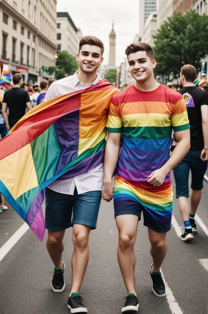 Two young adult homosexual men celebrating gay pride day with rainbow flag holding hands