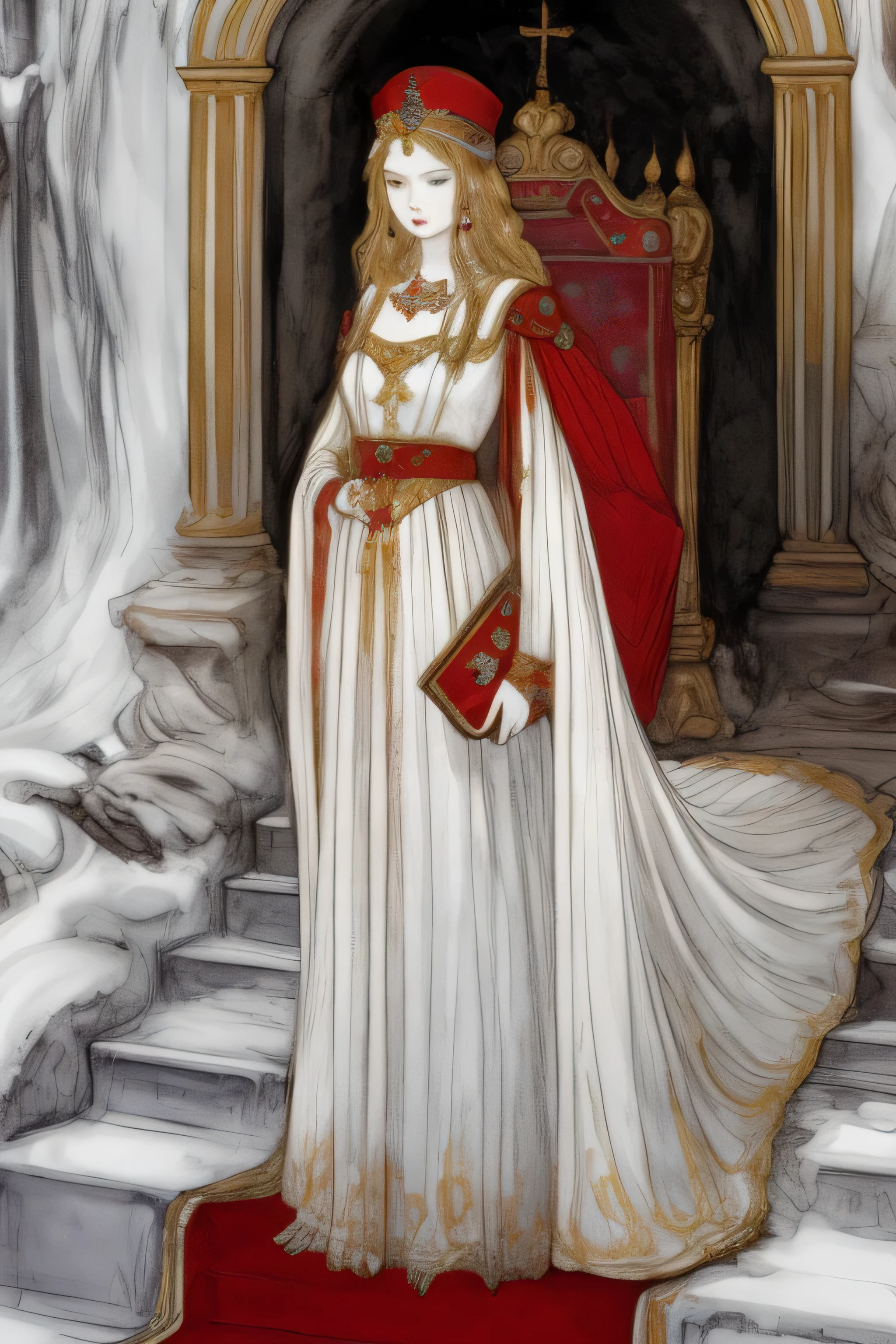 1 woman, 30 years old, solo focus, masterpiece, highly detailed face and body, tall and slender, long and straight blonde hair, (white ball gown with shoulders exposed:1.4), neutral expression, staring straight ahead, elaborate diamond earrings and necklaces, (tall white pillbox hat:1.4), (standing in front of a red throne on a dais with red carpet:1.4), (white train of gown flows down red steps of dais:1.4), brownish colored wall behind her covered in complex system of cogs and gears in copper and gold
 