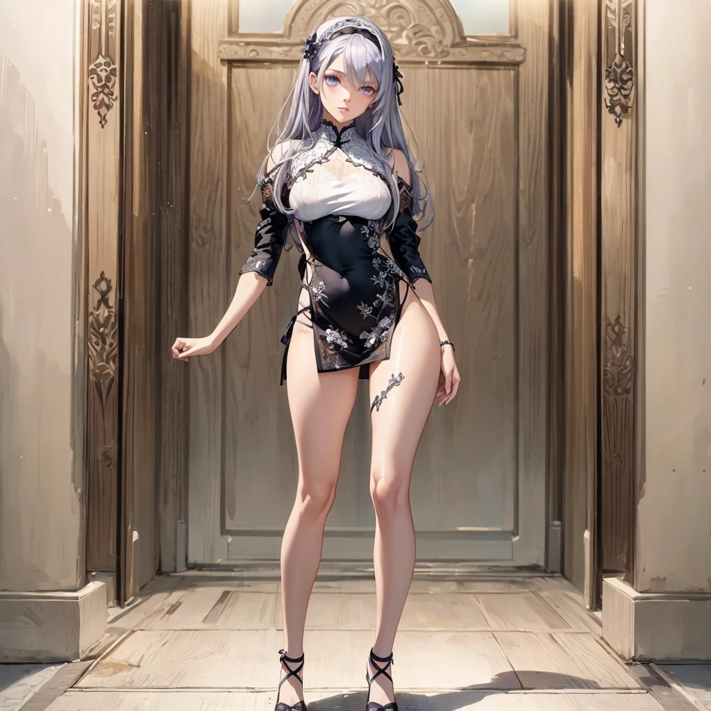 ((1girl, solo)), beautiful body, (perfect anatomy, perfect body, perfect hands, perfect legs), natural proportions, sexy body, large breasts, ((full body, full body front)) BREAK
((extremely detailed face)), (beautiful detailed eyes:1.6), (realistic pupils, realistic iris:1), expressive eyes, looking at viewer, (clear eyes:1.3), (hyperrealistic:1.2), (detailed skin texture:1.2), smooth skin, ((purple eyes)), ((silver hair)), silver hair with blue tips, long hair, (hairband:1.3), ((black hairband)), bangs, ((hair ornament)), (detailed lips:1.2), (attractive lips:1.1), (glossy lips:1), perfect face, perfect eyes BREAK
(masterpiece:1.5), anime-style, top quality, best quality, (beautiful and aesthetic:1.2), (ultra detail:1.5), Ultra-detailed depiction, Ultra-precise depiction, extremely detailed 8k illustration, high resolution, (highly detailed shading:1.2), (realistic lighting:1.4), perfect lighting, vibrant colors, dynamic tones, striking hues, 8k, absurd resolution, perfect shadows, hdr, UHD, ambient lighting, realistic, ultra-realistic, photo realistic, highly detailed, rich detail, luminous colors, fine texture, intricate design, professional illustration, (soft light:1.2), (illustration:0.7)