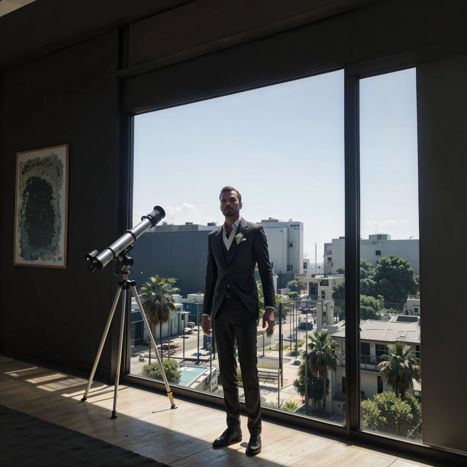 there is a man in a suit standing in front of a telescope, in intergalactic hq, Look away, big monocular, like a GTAV character, inspired by Michael Gustavius Payne, looking off into distance, looking off into distance, elite scientist, ((GTA 5 Canvas Capture House)), no gta v, web capture do gta v, First-person view perspective