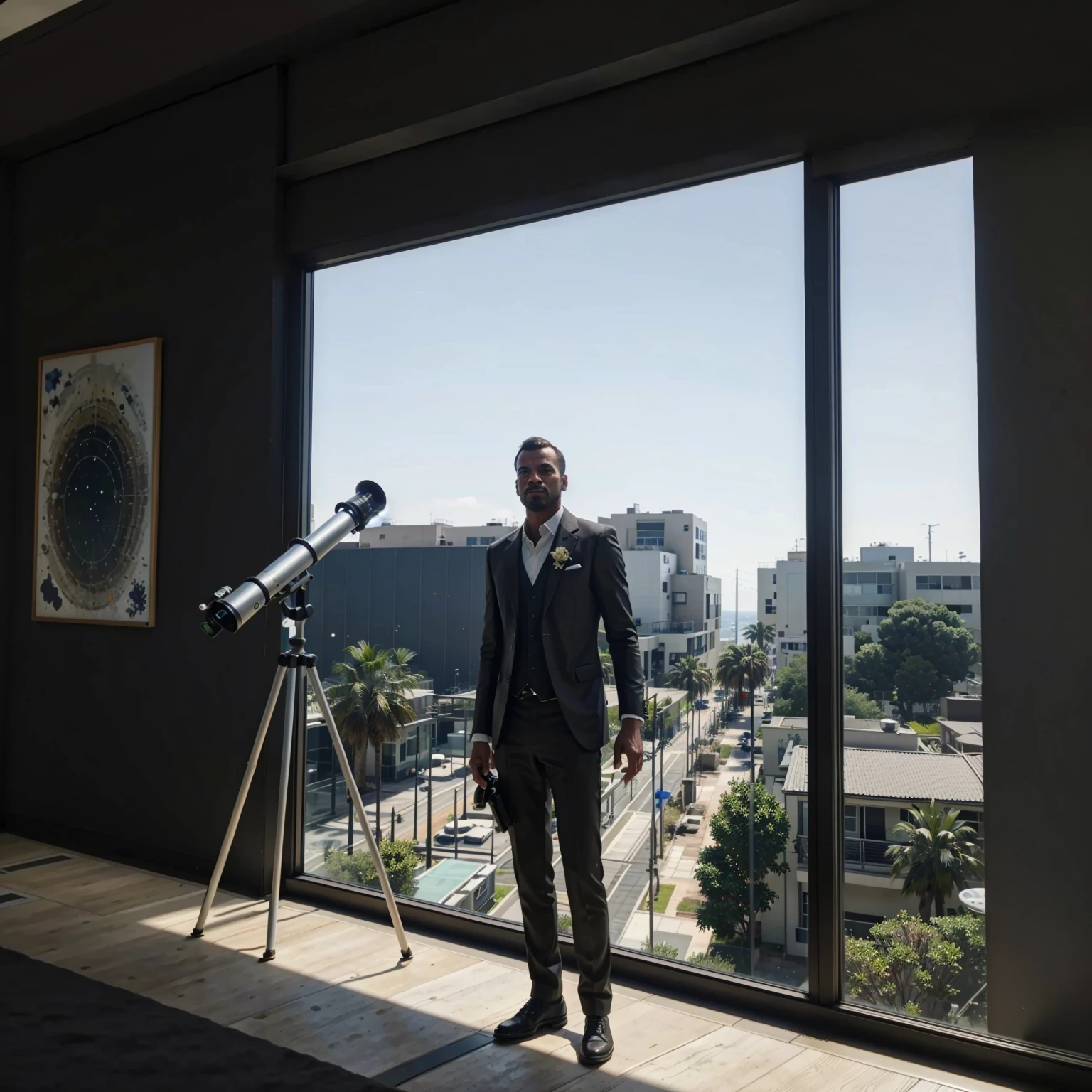 there is a man in a suit standing in front of a telescope, in intergalactic hq, Look away, big monocular, like a GTAV character, inspired by Michael Gustavius Payne, looking off into distance, looking off into distance, elite scientist, ((GTA 5 Canvas Capture House)), no gta v, web capture do gta v, First-person view perspective