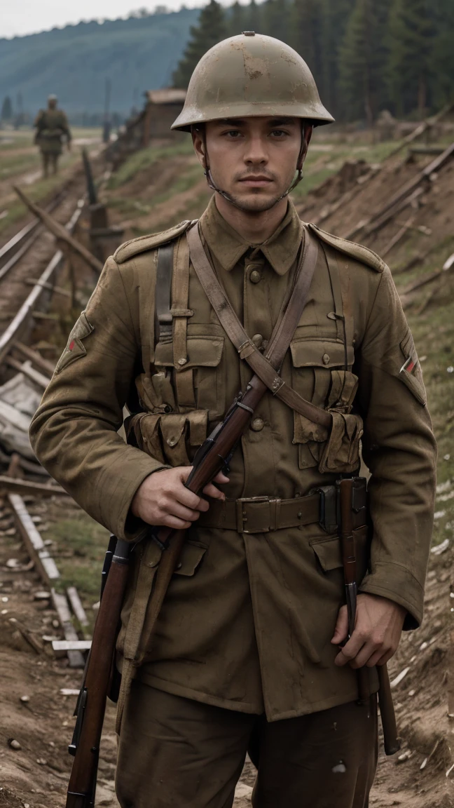 (masterpiece), best quality, expressive eyes, perfect face, All quiet on eastern Front, man, trenches, dirty, uniform, realistic, HD, Rifle, Russian empire, Russian man