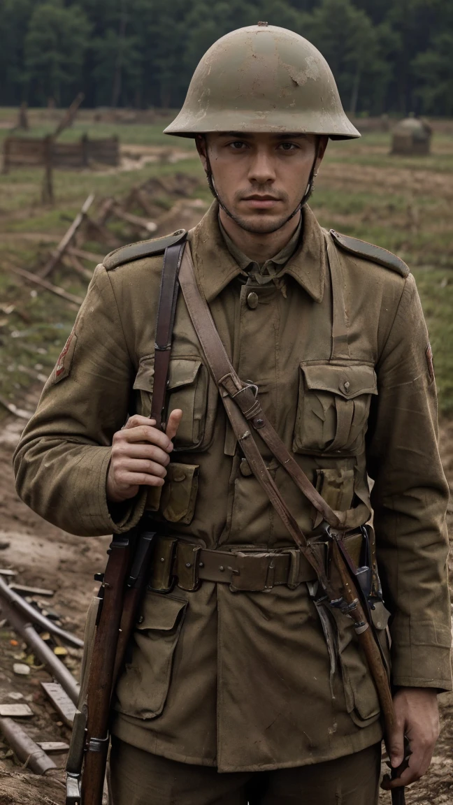 (masterpiece), best quality, expressive eyes, perfect face, All quiet on eastern Front, man, trenches, dirty, uniform, realistic, HD, Rifle, Russian empire, Russian man