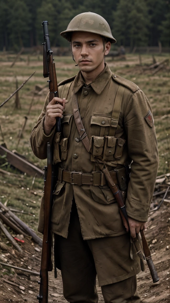 (masterpiece), best quality, expressive eyes, perfect face, All quiet on eastern Front, man, trenches, dirty, uniform, realistic, HD, Rifle, Russian empire, Russian man