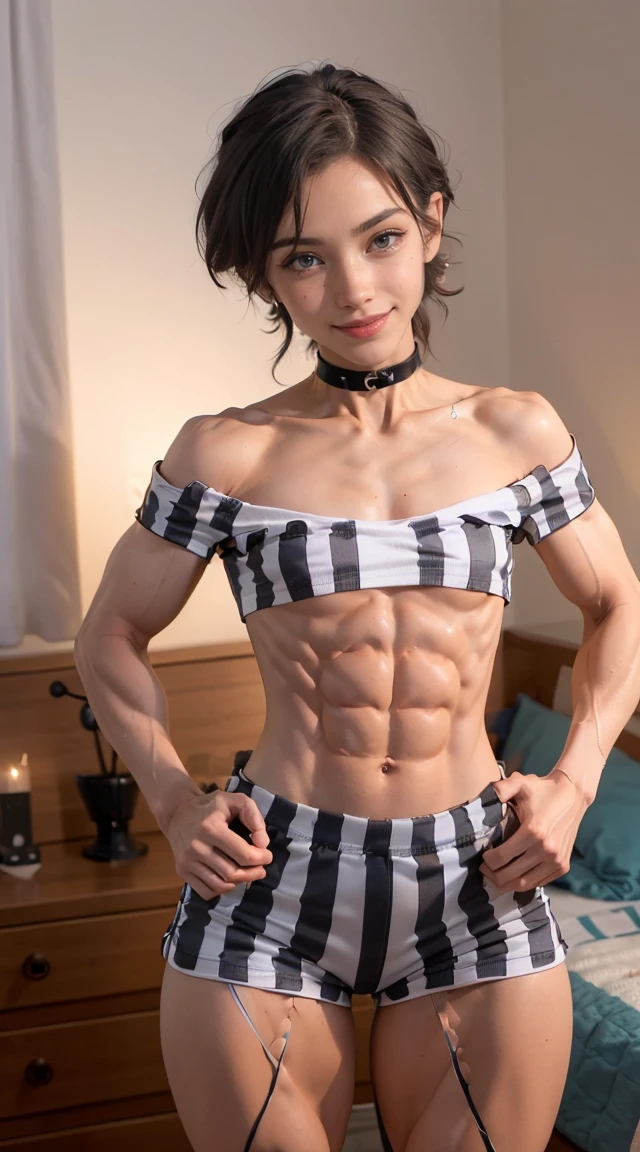 (Muscular:2), (thick muscular thighs, wide hips:2.5), (lydiaviolet:2), earrings, (pixie cut:1.3), (20 years old), eyeshadow, lipstick, bokeh, (nose freckles:1.5), (upper body view), (striations), (hard nipples:1.2), (small breasts:2.5), (sleeveless off-the-shoulder top, pajama shorts, striped pattern, choker:2), (eight pack abs:1), (sculped muscles:1.7), (athletic body:1.5), (muscular body:2), (looking at viewer), (smiley:1.5), detailed eyes, dark bedroom, (dawn lighting), rim lighting, two tone lighting, dimly lit, clean skin, low key (DETAILED SKIN), (big ass), underboob
