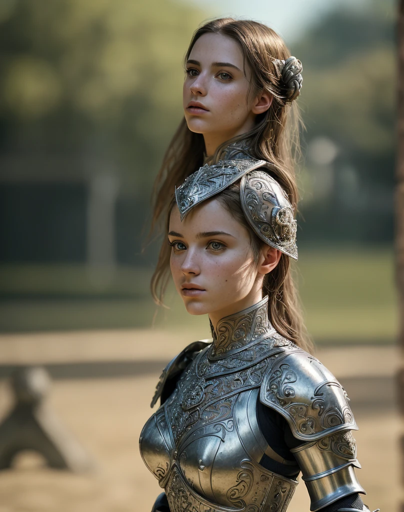(masterpiece), (extremely intricate:1.3),, (realistic), portrait of a girl, the most beautiful in the world, (medieval armor), metal reflections, upper body, outdoors, intense sunlight, far away castle, professional photograph of a stunning woman detailed, sharp focus, dramatic, award winning, cinematic lighting, octane render, unreal engine, volumetrics dtx, (film grain, bokeh, blurry foreground, blurry background), crest on chest