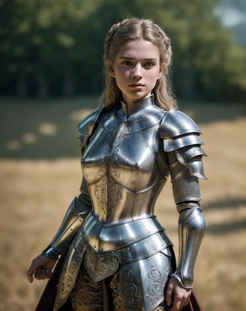 (masterpiece), (extremely intricate:1.3),, (realistic), portrait of a girl, the most beautiful in the world, (medieval armor), metal reflections, upper body, outdoors, intense sunlight, far away castle, professional photograph of a stunning woman detailed, sharp focus, dramatic, award winning, cinematic lighting, octane render, unreal engine, volumetrics dtx, (film grain, bokeh, blurry foreground, blurry background), crest on chest