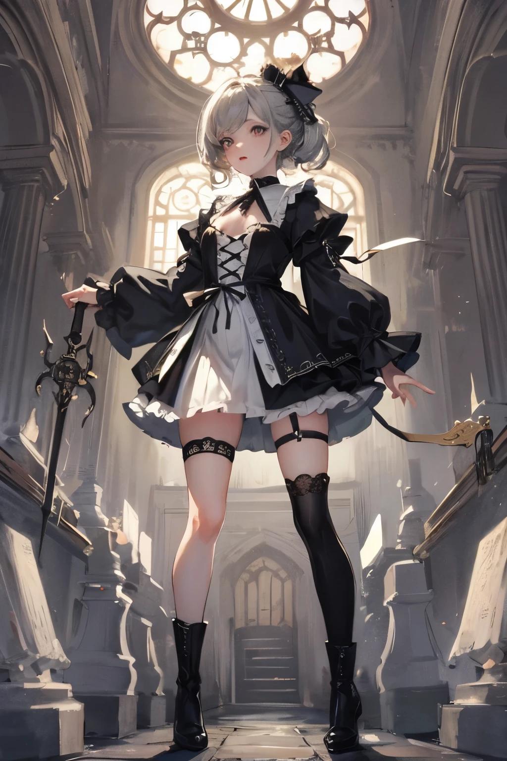 ((best quality)), ((masterpiece)), (detailed), very skinny, prominent collarbones, skinny arms, flat stomach, visible hip bones, red and white clothing, Bloodborne inspired, occult aesthetic, occult, detailed and intricate steampunk and detailed gothic, NSFW, Very dramatic and cinematic lighting, cosmic horror, grim-dark, side-lighting, perfect face, NSFW, Fluttering lace flared long knee length dress with frilly petticoats, knee length dress, pleated petticoats, ta dress, petticoats gothic lolicomplex lace boots, side-lighting, gothic lolita aetic, wielding a mighty sword with mechanical components, carbine, NSFW, beautiful small breasts, small breasts, full body, whole body, body, NSFW, full body, whole body, head-to-toe NSFW